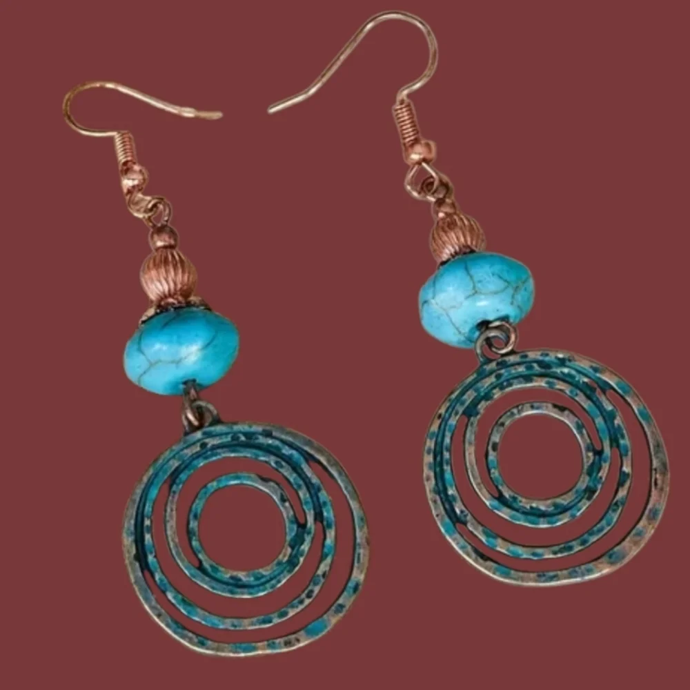 Turquoise Blue Copper Spiral Drop Earrings #407 - Picture 4 of 4